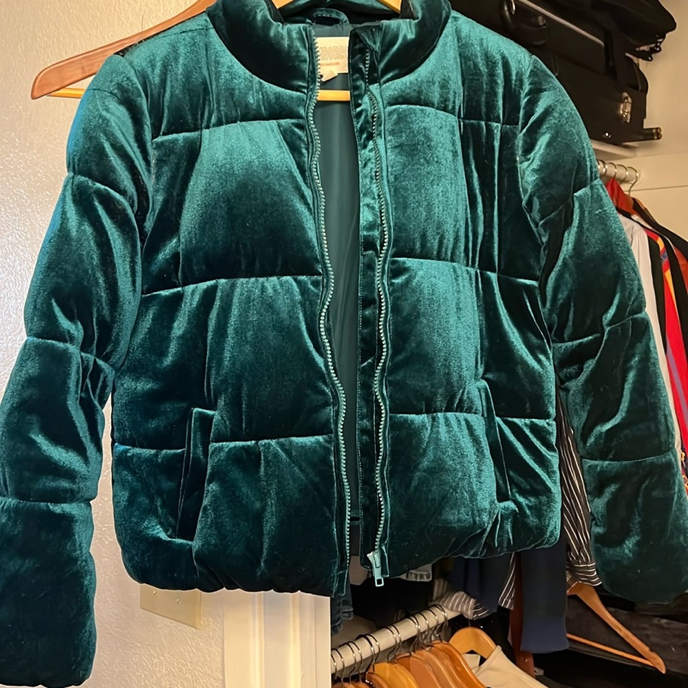 Green velvet puffer jacket